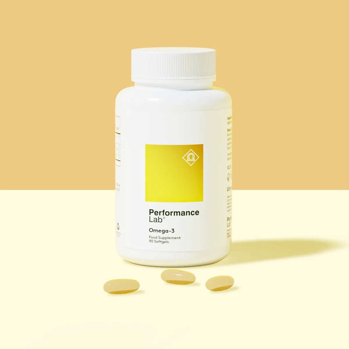 Performance Lab Omega-3 supplement bottle with three softgels.